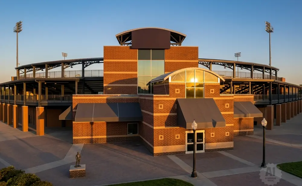 Baseball stadium with brick facade and tiered seating under a clear blue sky.
