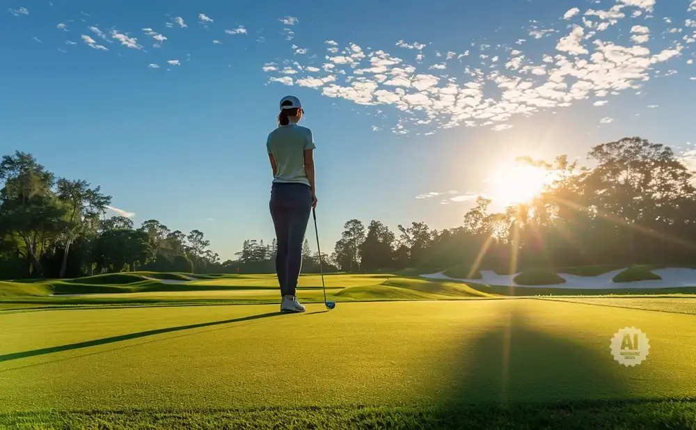 Golfer on a sun-drenched course, facing away from the camera, ready to tee off.