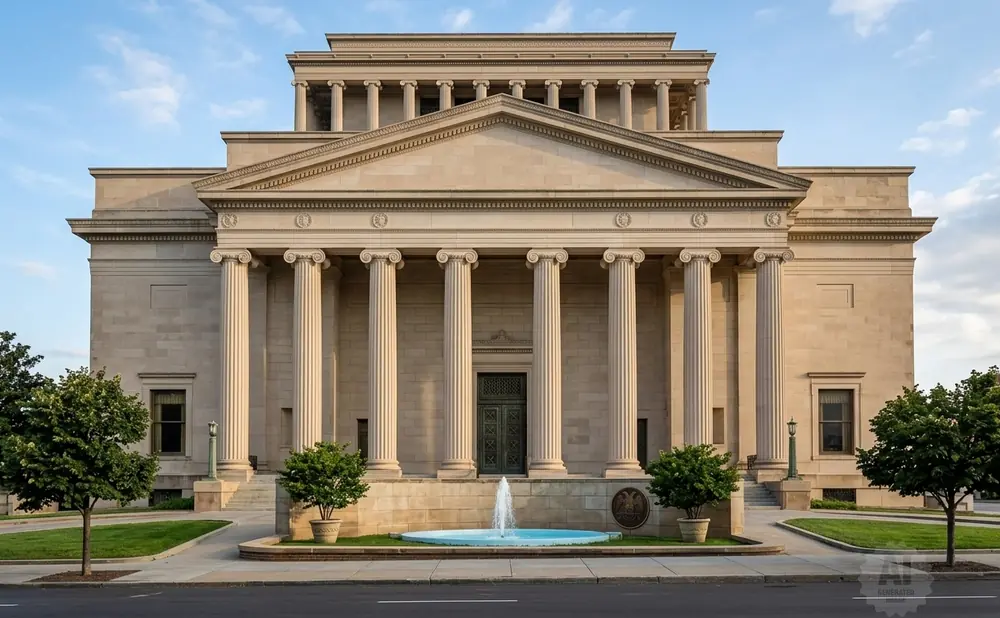 Neoclassical building with columns and a fountain in front.