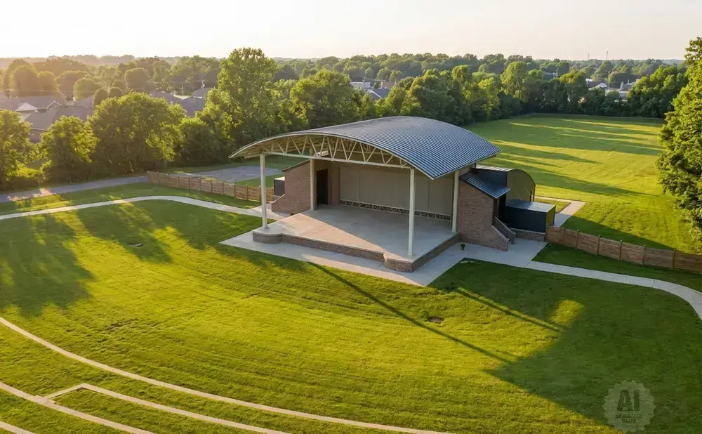 An outdoor amphitheater stage with a curved roof, surrounded by manicured lawns and trees.