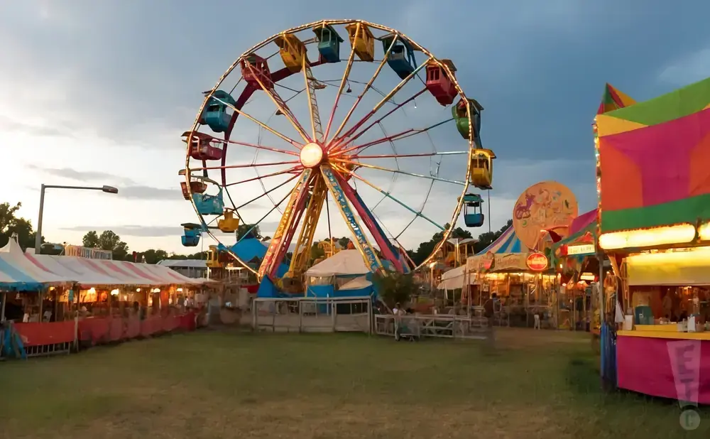 A Ferris wheel at a carnival with colorful tents and booths.