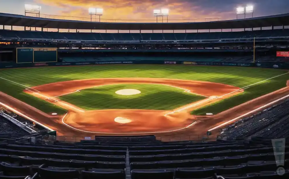 A baseball stadium at sunset, with the field lit and the sky ablaze with orange and purple hues.