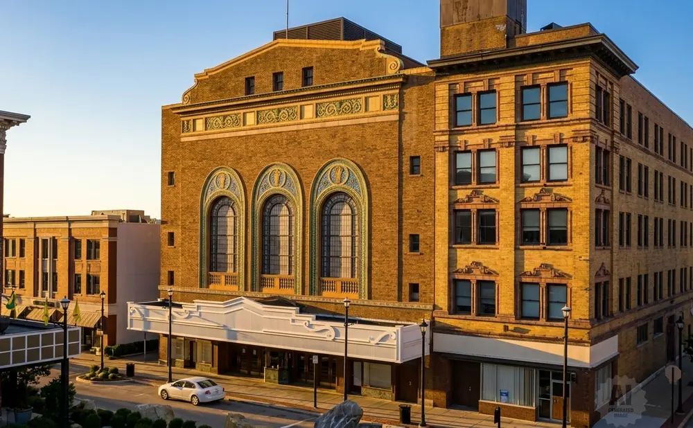 Ornate yellow brick building with arched windows, a white marquee, and a classic facade, bathed in golden hour light.