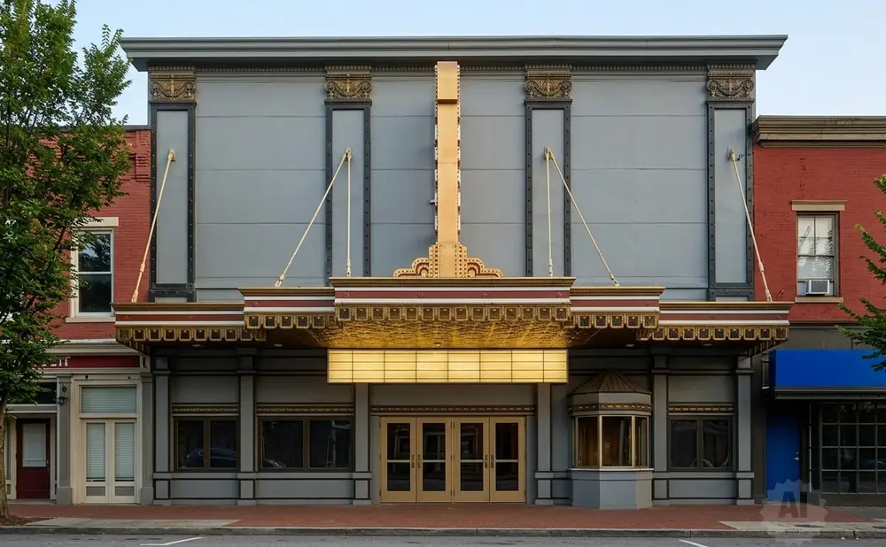 An old movie theater facade with a marquee, gold trim, and double doors.