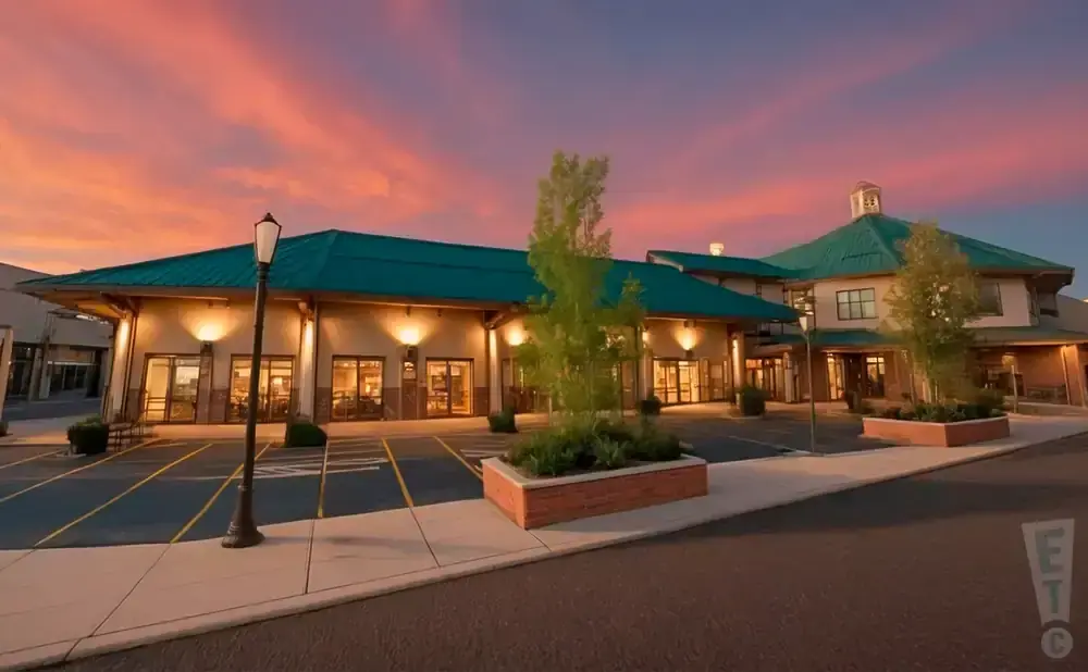 A building with a teal roof at sunset with orange and pink clouds.
