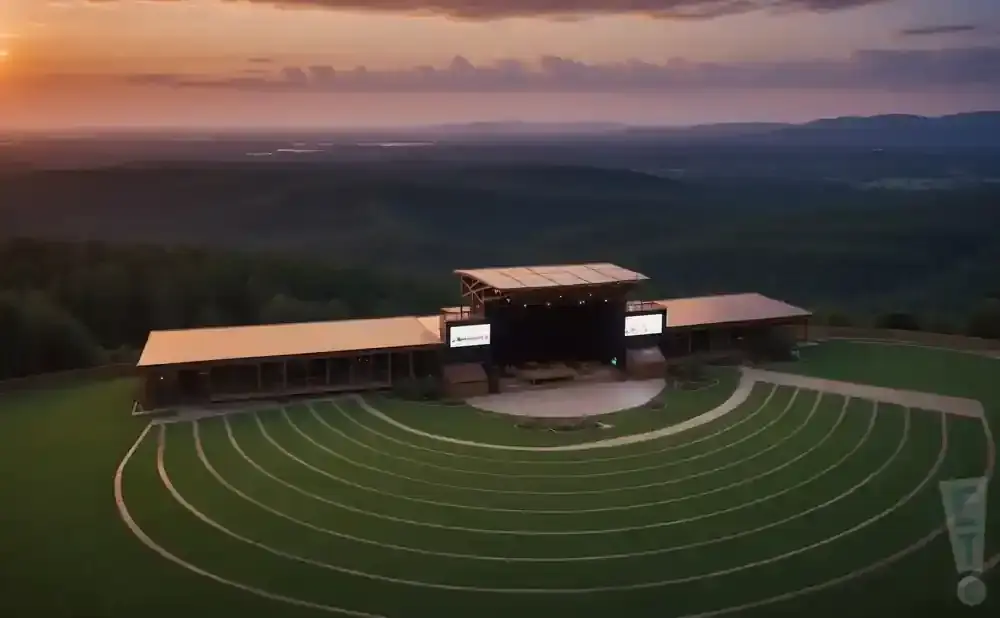 Aerial view of an outdoor amphitheater with a stage at sunset.
