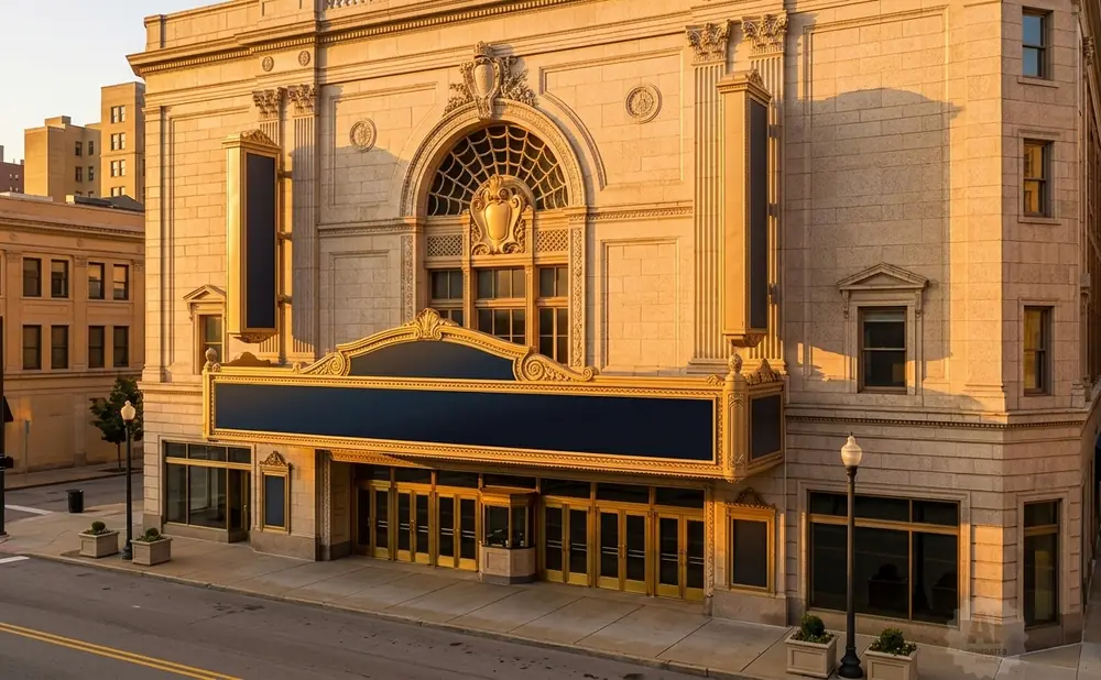 Golden hour light on an ornate theater facade with a marquee and large glass doors.