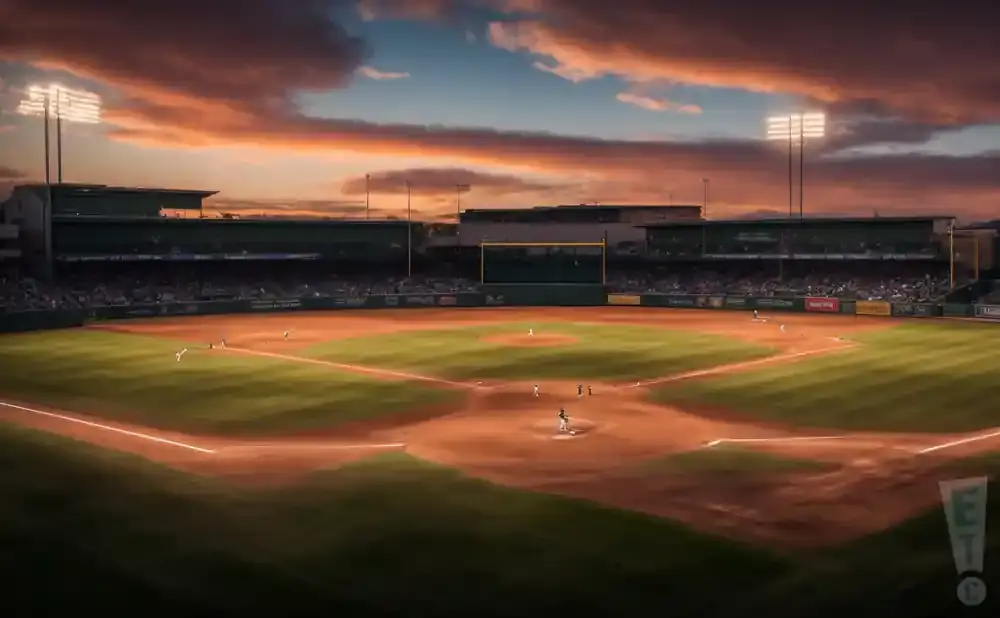 A baseball stadium at sunset with dramatic orange clouds and lights on.