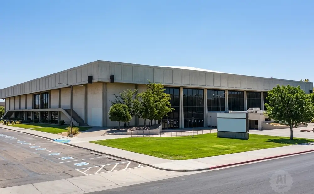 A large, modern concrete building with glass windows and a white roof under a clear blue sky.
