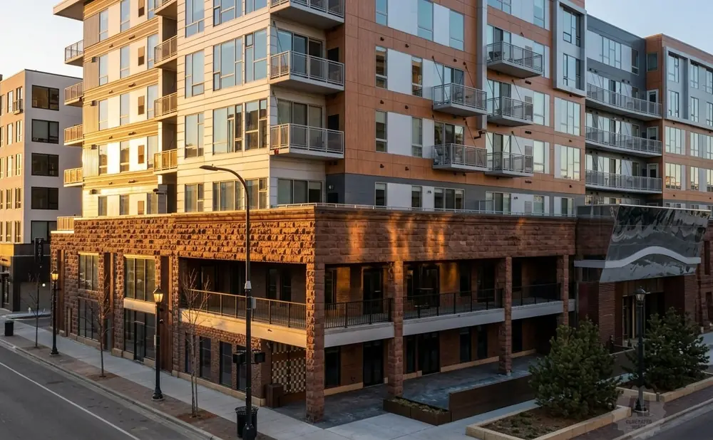 Modern apartment building with balconies and stone accents on a sunny day.