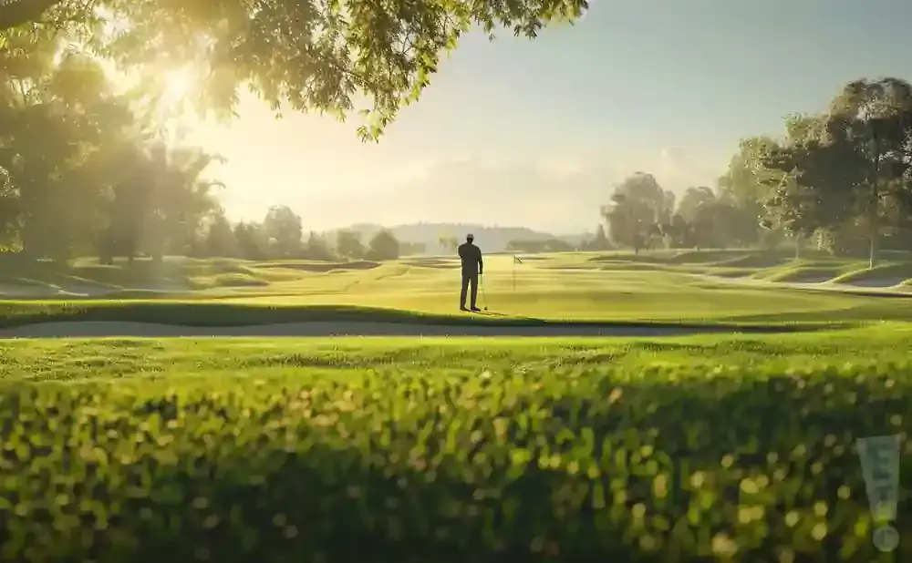A golfer stands on a manicured golf course in the soft morning light.