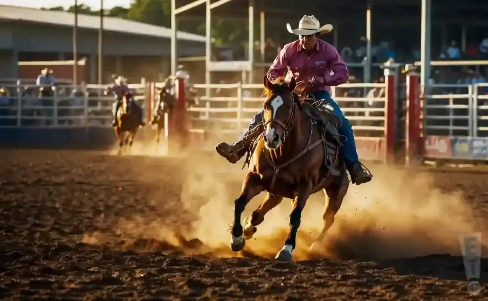 A cowboy on a brown horse kicks up dust at a rodeo.