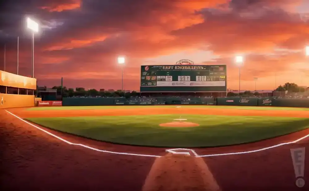 Baseball field at sunset with a fiery orange sky and bright stadium lights.