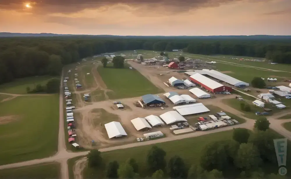 Aerial view of a campground with tents, RVs, and parking, surrounded by trees.