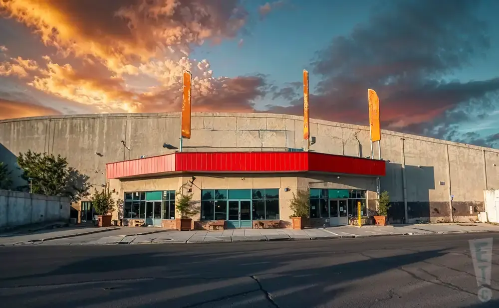 Exterior of a building with a red awning and large windows, under a dramatic sunset sky.