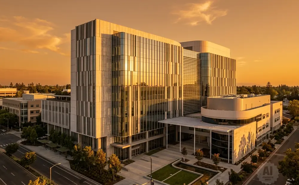 Modern glass and concrete buildings reflect golden sunset light, surrounded by trees and a street.