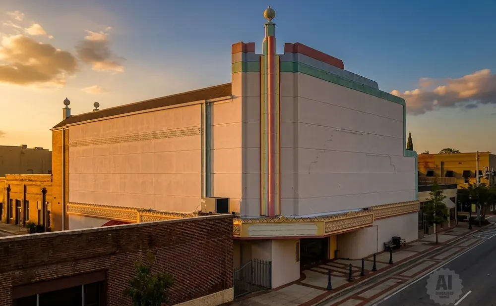 Art deco theater bathed in golden hour light with colorful vertical accents and marquee.