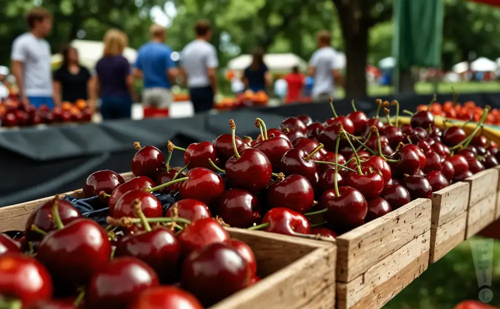 A close-up of wooden crates filled with ripe cherries at an outdoor market.