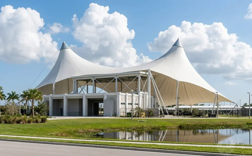 Modern white tensile structure with peaked roofs and open-air seating, surrounded by palm trees and a pond.