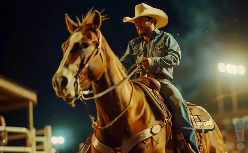 A cowboy rides a brown horse at night under arena lights.