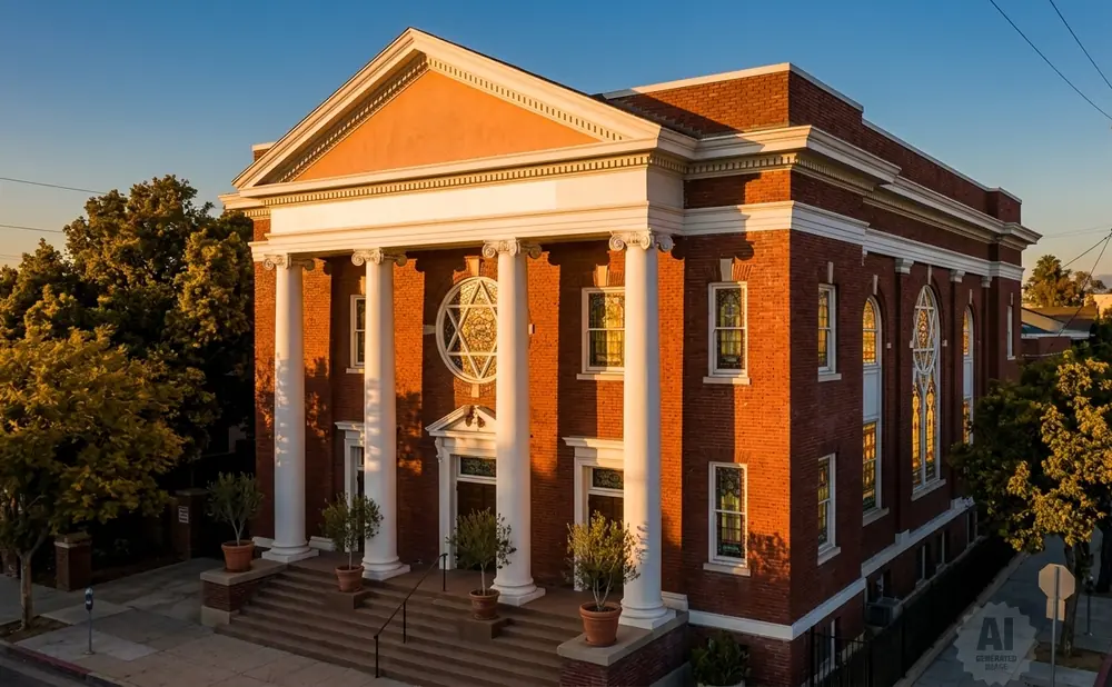 Brick building with columns and stained glass windows at sunset.