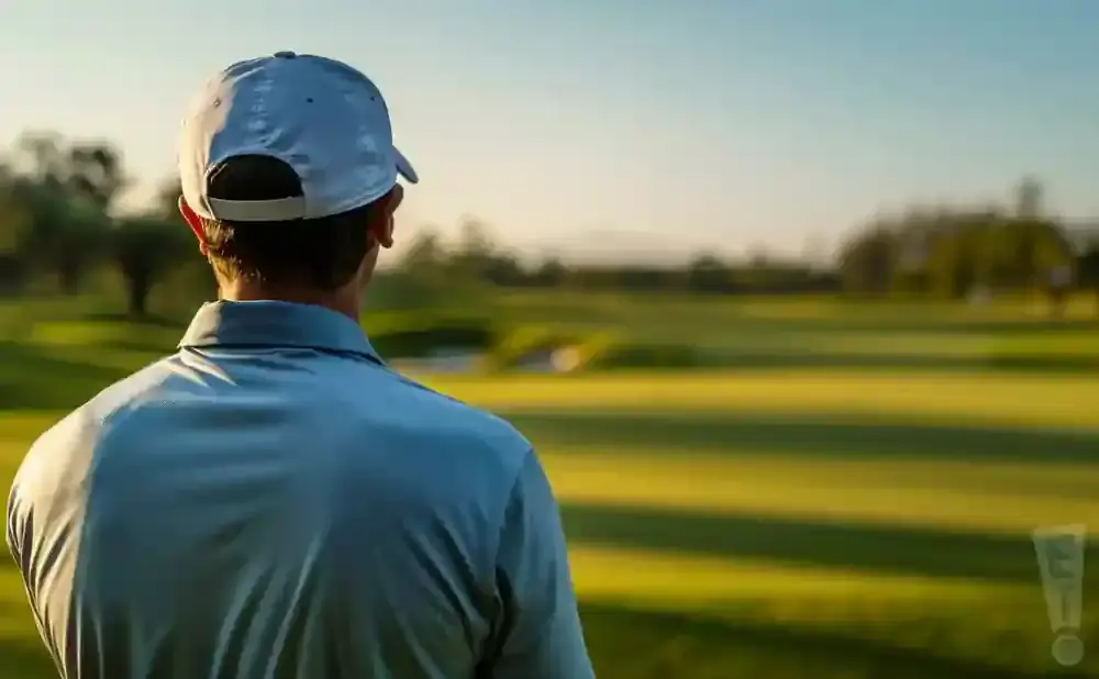 A golfer in a blue shirt and white cap looks out over a sunny golf course.
