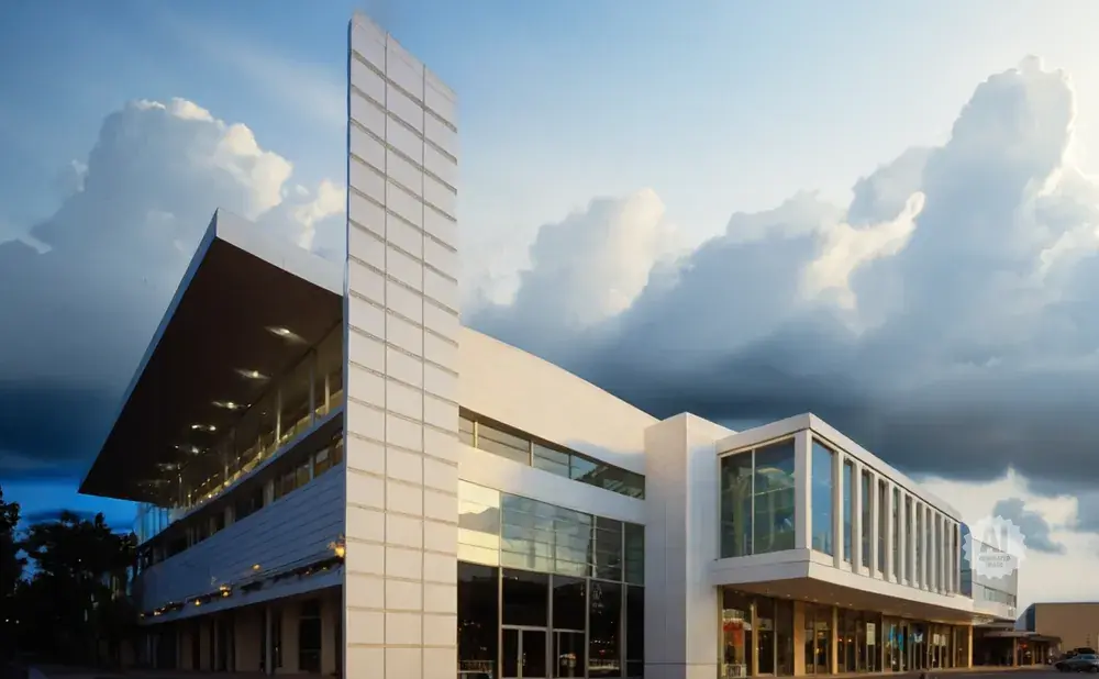 Modern white building with glass windows and a tall tower under a dramatic sky.