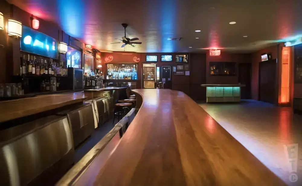 Empty bar with a long wooden counter, rows of bottles, and colorful neon lighting.