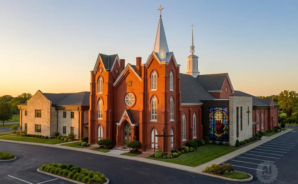An aerial view of a red brick church with a steeple at sunset, featuring stained glass windows and a parking lot.