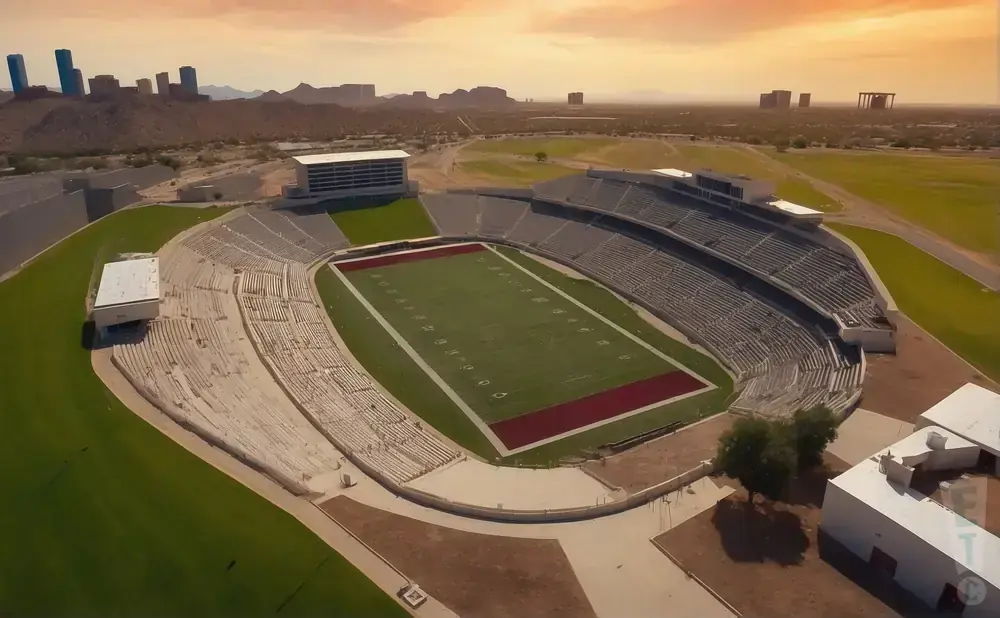 Aerial view of a football stadium with desert landscape and city skyline in the background.