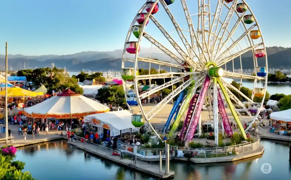 Ferris wheel and amusement park stalls on a sunny day with a body of water in the foreground.