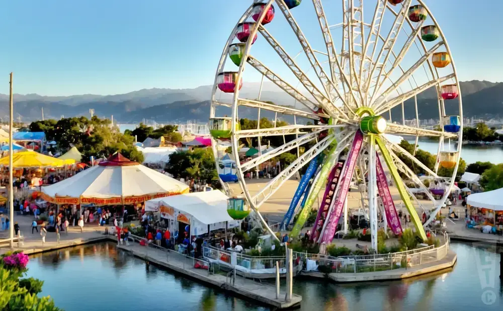 Ferris wheel at a waterfront carnival with colorful gondolas and tents.