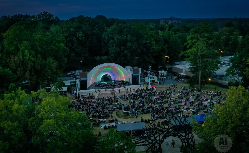 An aerial view shows an outdoor concert with a rainbow-lit stage and a large audience seated on the grass.