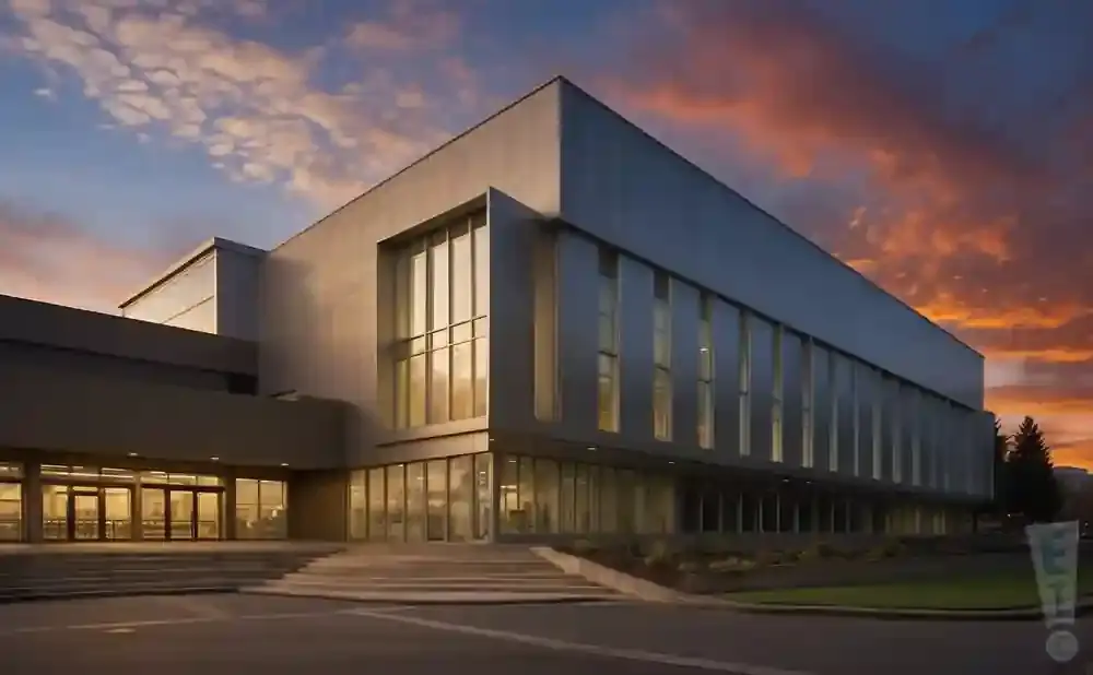 Modern building with large windows and a dramatic sunset sky.