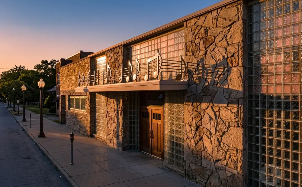 Building with stone facade and glass block windows, decorated with musical notes, at sunset.