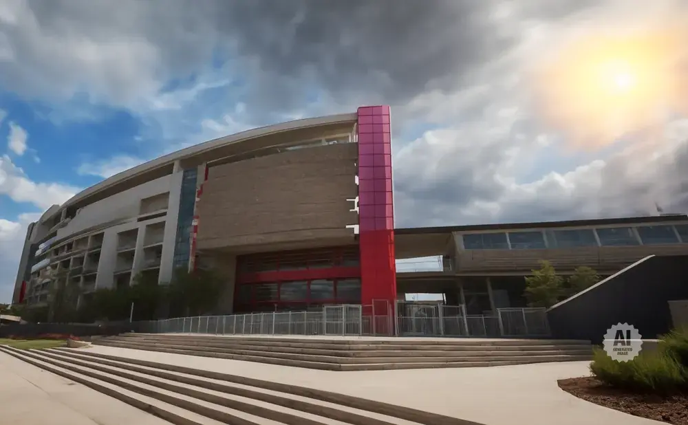 Modern stadium with red and pink accents under a cloudy sky with bright sun.