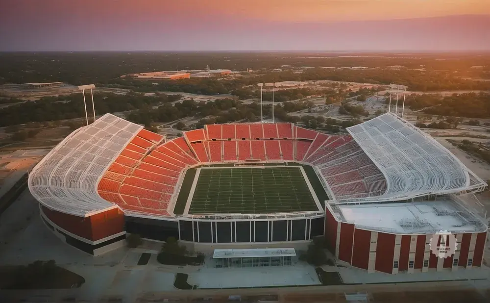 An aerial view of an empty football stadium with red seats and a green field during sunset.