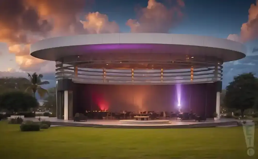 An outdoor amphitheater with a curved roof illuminated by purple and pink stage lights.