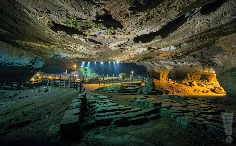 A vast cave with stone pathways and wooden fences, illuminated by lights at the opening.