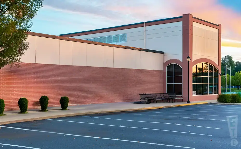 Modern building with red brick and cream siding, large arched windows, and a parking lot.