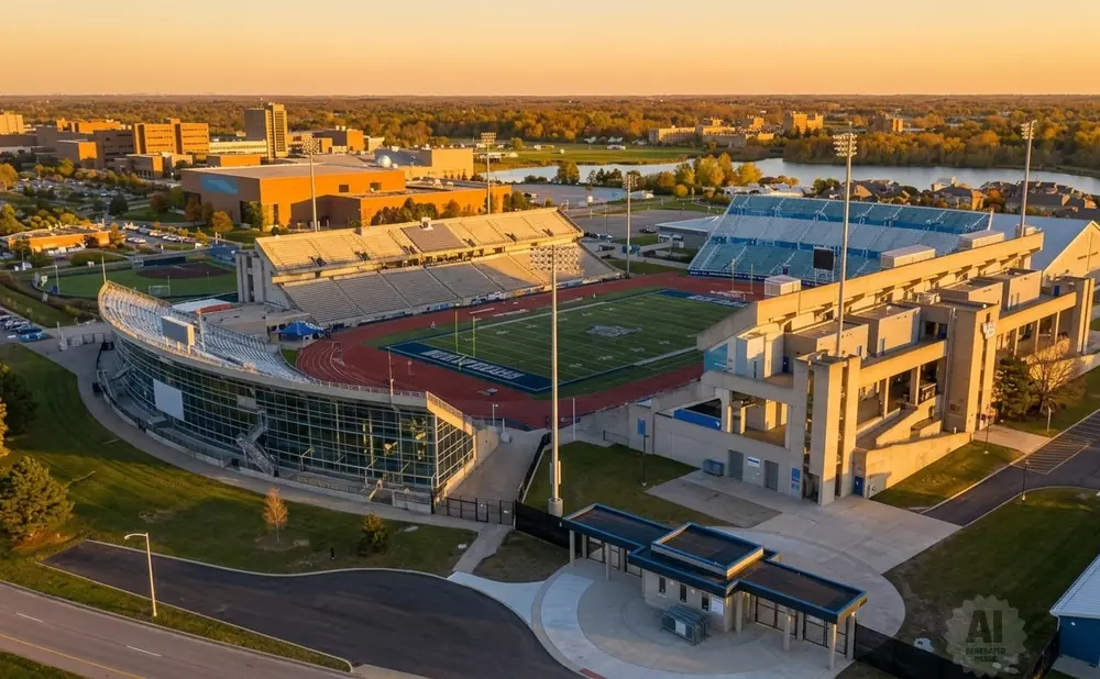 Aerial view of a football stadium with blue seats and green field, surrounded by buildings and trees at sunset.