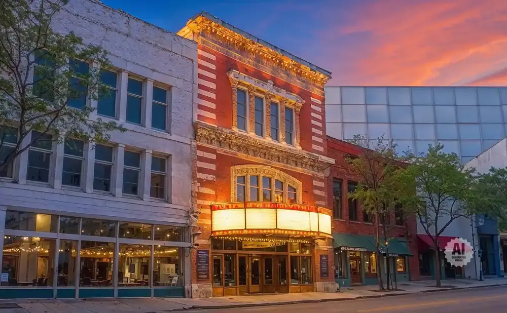 A historic theater with a marquee stands on a street at dusk, with modern buildings and trees in the background.