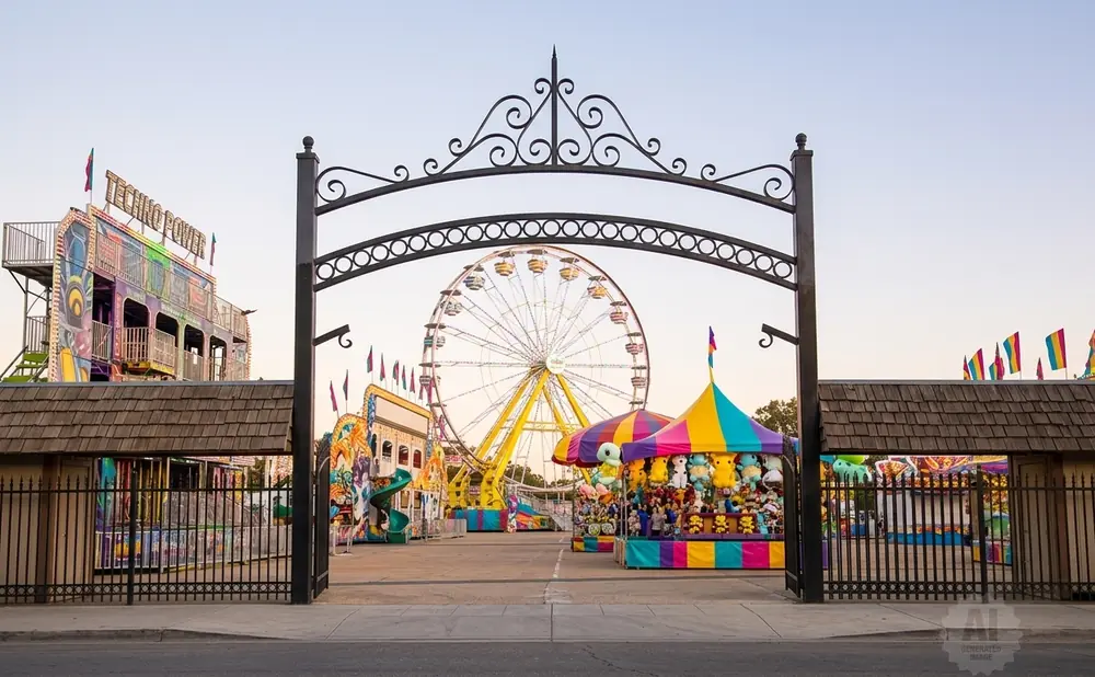 An amusement park entrance with a Ferris wheel, rides, and game booths under a clear sky.