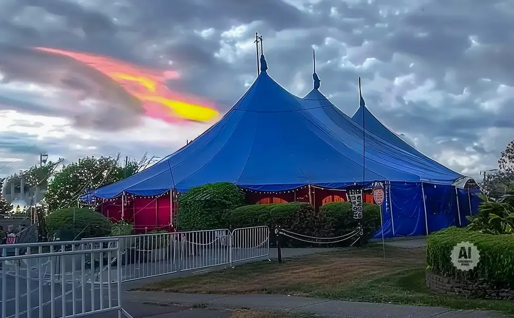A blue circus tent with red accents under a dramatic sky with a colorful cloud formation.