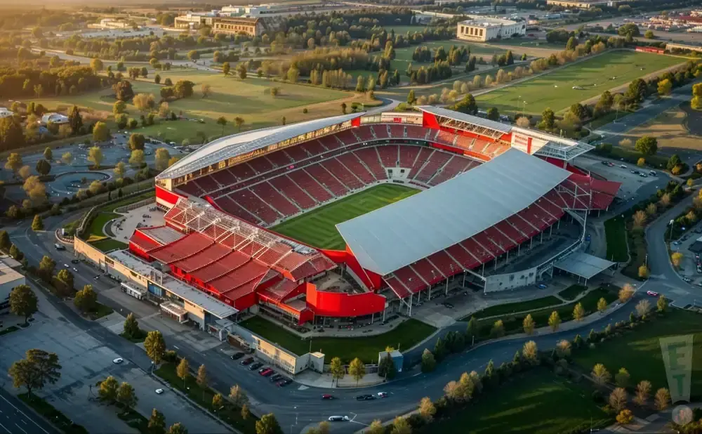 Aerial view of a large stadium with red seating and a white roof, surrounded by green fields and parking lots.