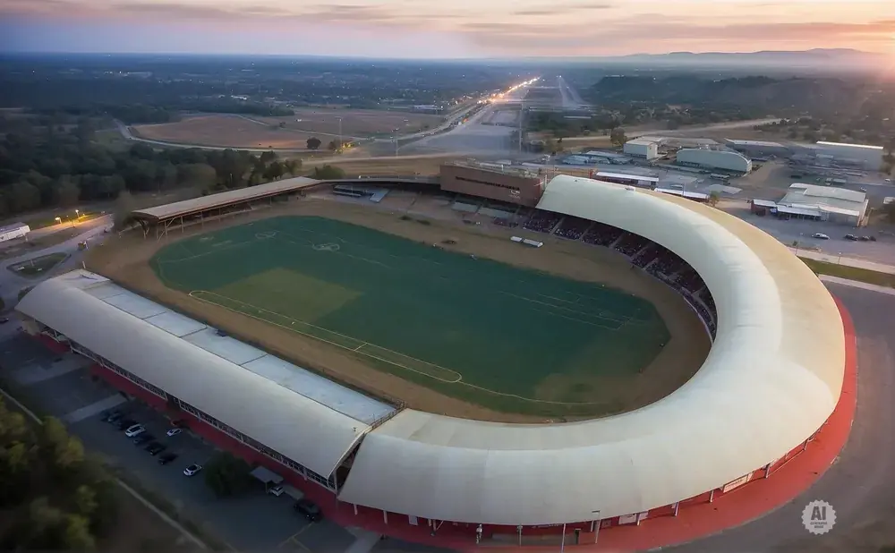 Aerial view of a horseshoe-shaped stadium with a green field and spectator stands, at sunset.