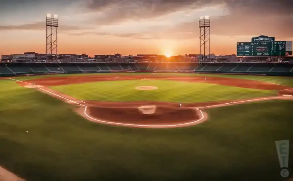 A baseball field at sunset, with lights and scoreboard visible.