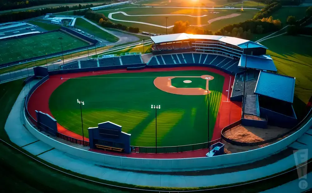 Aerial view of a baseball stadium at sunset, with a baseball field, grandstands, and surrounding sports facilities.