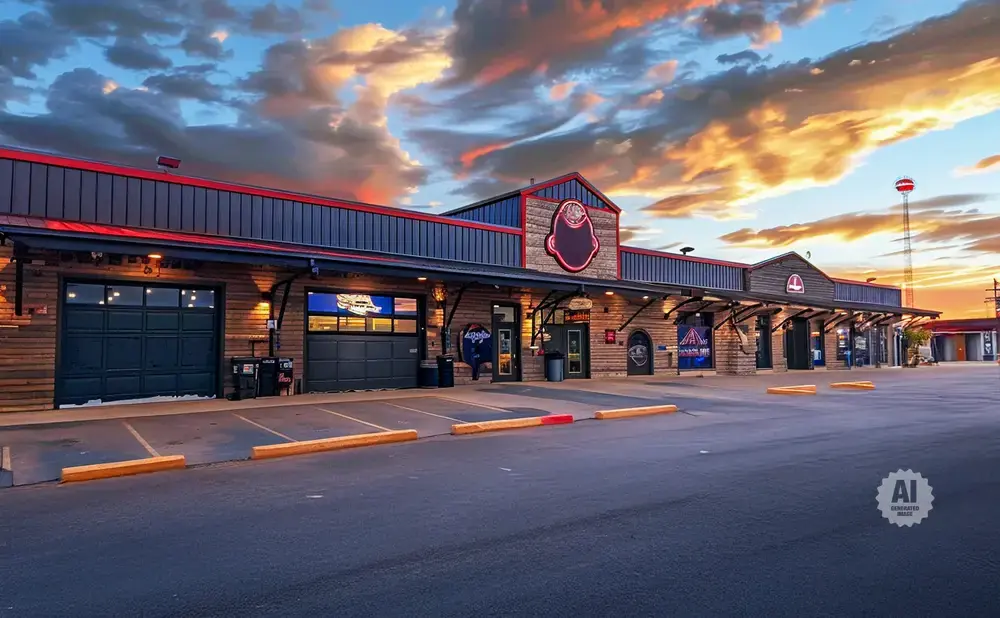 Sunset over a long, wooden building with multiple garage doors and a water tower in the distance.