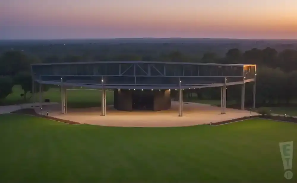 An amphitheater with a circular stage is surrounded by a large grassy area and trees.